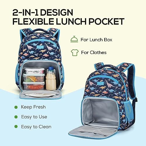 mommore 2-in-1 Kids Backpack, Insulated Lunch Compartment Dinosaur Toddler Backpack Lightweight Kindergarten Preschool Bookbag for Boys with Chest Strap, for Travel Daycare, Blue - color: Dinosaur