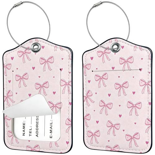 2 PCS Luggage Tags for Suitcases,Cute Bow Heart PU Leather Name Tag with Privacy Cover&ID Label Address Card and Durable Metal Ring Suitable for Men Women Travel Bag - color: Pink Bow Heart