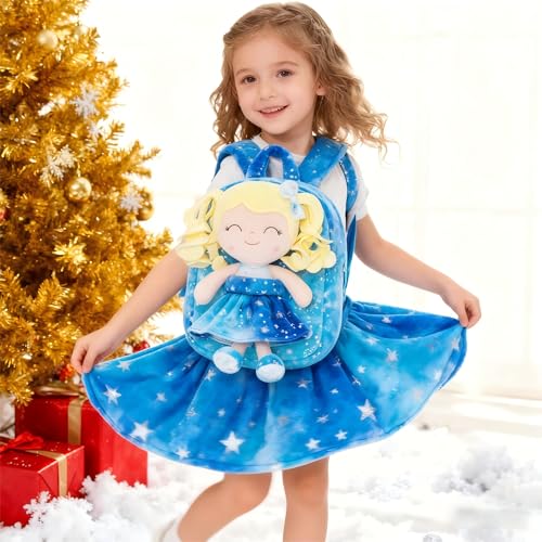 Gloveleya Toddler Backpack Baby Girl Gifts Plush Curly Girl Doll Backpacks Blue Dress with Glitter Stars 9 inches - color: A001 Hot Stamping Blue Backpack, size: 9 inches