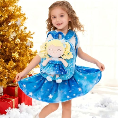 Gloveleya Toddler Backpack Baby Girl Gifts Plush Curly Girl Doll Backpacks Blue Dress with Glitter Stars 9 inches - color: A001 Hot Stamping Blue Backpack, size: 9 inches