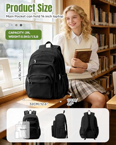 weradar Black School Backpack For Women Men, Lightweight Casual Daypack College Backpack, Aesthetic Students Bookbag, Backpack With Lots Of Pockets,Cute High School Bag For Boys Girls - color: Black