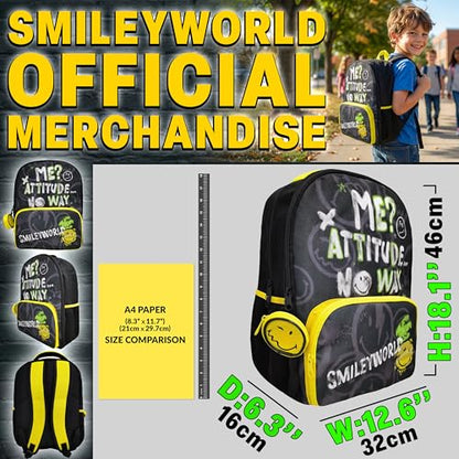 Get Trend Smiley World Kids Backpack for Boys, 18 inch Book Bag with Adjustable Padded Straps, Travel School Bag, Kids Gifts (Yellow/Multi Smiley) - color: Yellow/Multi Smiley