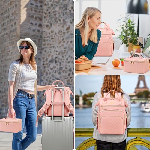 AIJIEKE Lunch Backpack for Women, 15.6 Inch Laptop Backpack with Detachable Insulated Cooler Lunch Box, 2-in-1 Water Resistant Work Computer Bag for Nurse Teacher College Commute, Pink - color: Pink