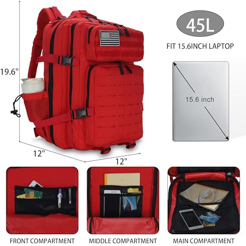 Sparklekle Military Tactical Backpack 45L 3 Day Assault Pack Waterproof Molle Hiking Rucksack for Men&Women (Red) - color: Red, size: 45L
