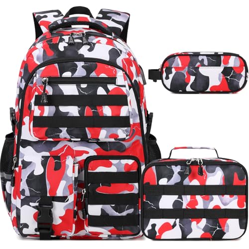DIGOBAY Camo Backpack for Boys, Tactical Boy Backpacks for School, Kids Backpack With Lunch Box Pencil Case USB Charging Port Military Army SchoolBags for Boy Teens Kids Elementary Middle High School - color: Red Camo