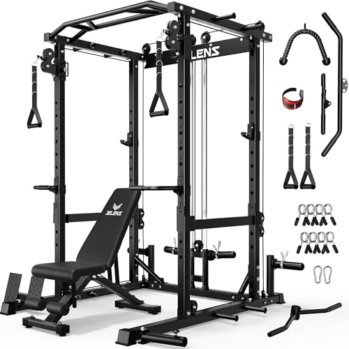 JELENS C12 Squat Rack for Home Gym, 2000LBS Power Rack with Adjustable Pulley System, Power Cage Workout Equipment with LAT Pulldown and Training Attachment - color: Black, size: Weight Bench Package
