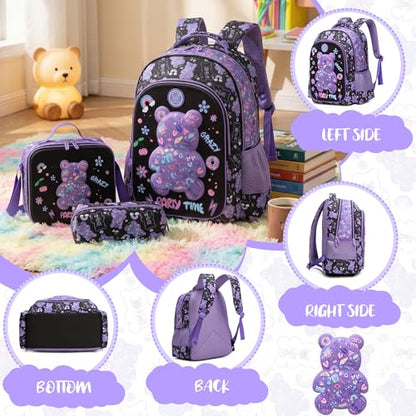 School Backpack for Girls Backpack for Girls with Lunch Box Set Cute Bear Kids Bookbag Elementary Kids Backpack for Girl Lightweight Travel Daypack Back to School - color: Purple Bear