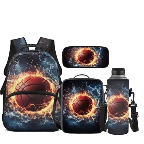 JEOCODY Fire Water Basketball School Bag Boys Backpack with Lunch Bag Water Bottle Pencil Case Pouch Set Large Capacity Girls Bookbag Daypack for Travel Hiking, Set 4 in 1 - color: Fire Water Basketball Patternss