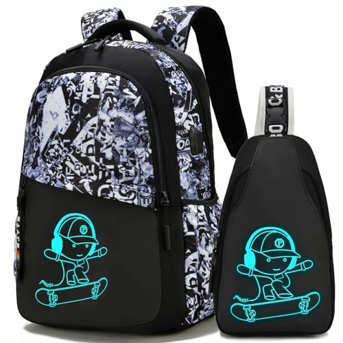 School Backpack for Boys, Kids Backpacks Laptop Backpack with USB Charging Port, Lightweight Bookbag for Elementary Middle School Bags Waterproof Travel Backpack - style: Skateboard-3