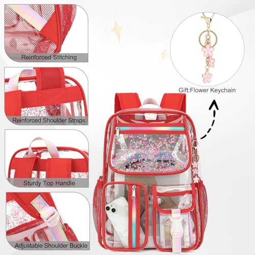 Clear Backpack for Girls Women, School Bookbag Heavy Duty See Through Backpacks (Red) - color: Red