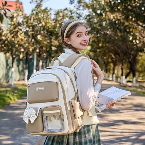 School Backpack for Girls 3PCS Nylon Kids Backpack Set with Lunch Box & Pencil Pouch, Cute Lightweight Teen Girls School Bag Laptop Bag Travel Daypack for Elementary Middle High School Beige Brown - color: Brown