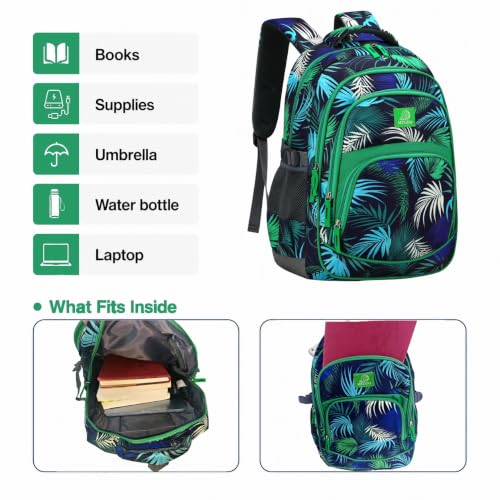 MYGOO Boys School Backpack Grove Foliage Green Bookbag for Elementary Middle School Ages 5-12, 17 inch Large Capacity 24L Kids Student Travel Bags - color: Grove Foliage Green