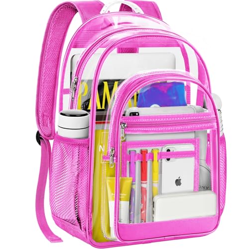 Clear Backpack for School - 17 inch Heavy Duty Transparent Bookbag for Boys and Girls, See Through Backpacks for Kids Elementary High School Students, Work - color: Pink
