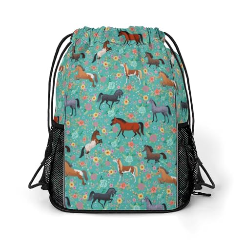 Horse Flower Drawstring Backpack Gym Bag With Shoe Compartment String Bag Sport Beach Swimming Sackpack For Women Men - color: Horse Flower