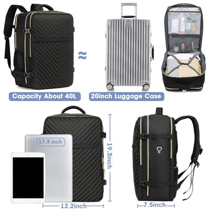 Large Carry On Travel Backpack - Flight Approved Waterproof Luggage Suitcase Backpacks Personal Item Size for Women Men Fit 17 Inch Laptop College Overnight Bag Anti-Theft Weekender Daypack Black Gold