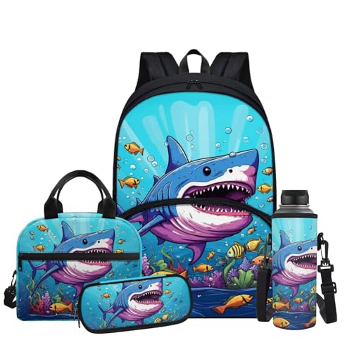 Shark Backpack for Boys Kids Backpack with Lunch Box Water Bottle Holder with Strap and Soft Pencil Case 4Pcs Set 17" Lightweight Bookbag with Large Front Pocket Sturdy Elementary School Bag - color: Cartoon Shark