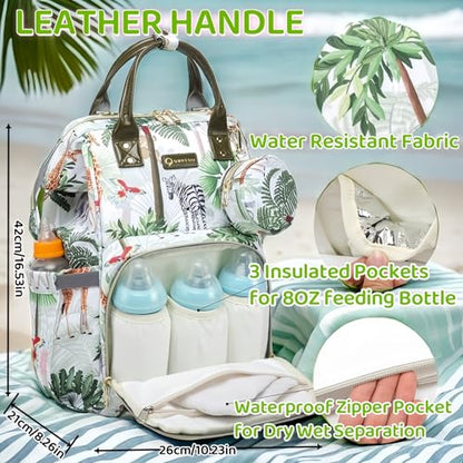 Tropical Rainforest Diaper Bag Backpack,Animal Nappy Backpack with Coin Bag USB Charging Port Stroller Straps and Insulated Pocket For Women/Mom/Travel (Animal Pattern) - color: White