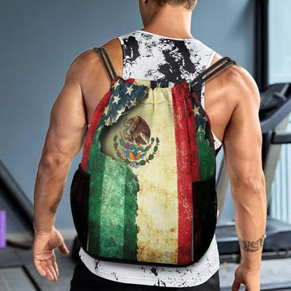 Flag Mexican Drawstring Backpack Gym Bag With Shoe Compartment String Bag Sport Beach Swimming Sackpack For Women Men - color: Flag Mexican