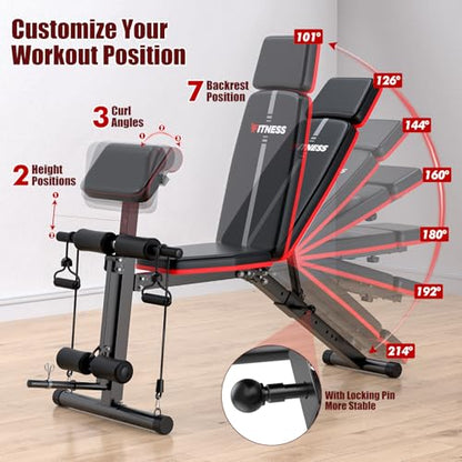 XDDIAS Adjustable Weight Bench, Workout Bench with Leg Extension and Preacher Curl Pad, Weight Bench for Home Gym, Foldable Exercise Bench, Quick Adjustment Incline Bench Press - color: Black A