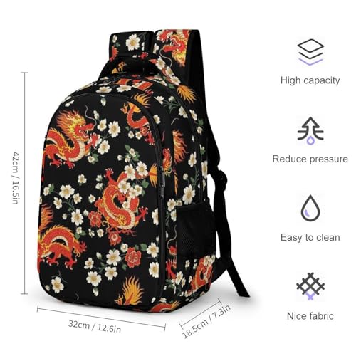 Casual Lightweight Laptop Backpack Red Chinese Japanese Dragon Flower Black, Cute Travel Daypack with Tumbler Holder for College Nurse Teacher Work Commute - color: Pattern (356)