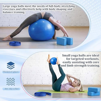 Pilates Set with 2 Yoga Exercise Balls (25.6”&9.8”), Yoga Block, Stretch Strap & Foot Pump, Stability Fitness Ball Kit for Home Gym Equipment Workout Pregnancy Physical Therapy - color: Dark Blue