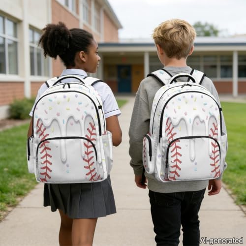 Suobstales Baseball Ice Cream Drip Print School Bags for Kids Girls Boys Elementary Middle School Students Backpack Children Bookbags Casual Large Capacity Travel Daypack (17 Inches) - color: Baseball Ice Cream Drip 6