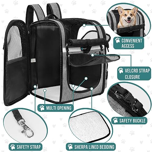 PetAmi Dog Backpack Carrier for Cats and Small Dogs, 4-Way Entry Ventilated Pet Carrier for Hiking Travel, Foldable Top with Sherpa Bed, Reflective and Poop Bag Dispenser, Up to 18 lbs, Heather Grey - color: Heather Grey