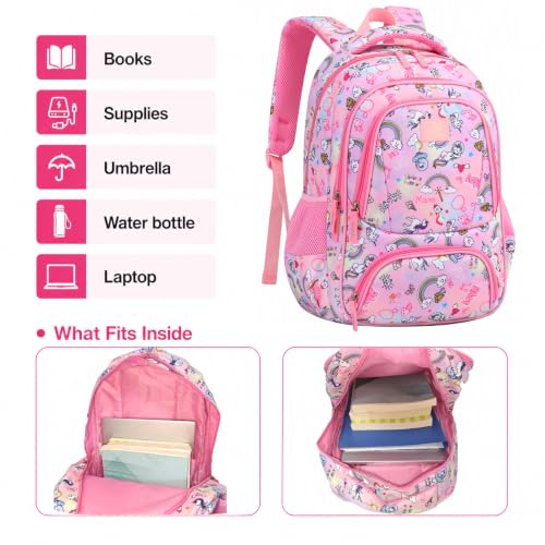 MYGOO Girls School Backpack Doubleday Unicon Pink Bookbag for Elementary Middle School Ages 5-12, 17 inch Large Capacity 24L Kids Student Travel Bags - color: Doubleday Unicon Pink