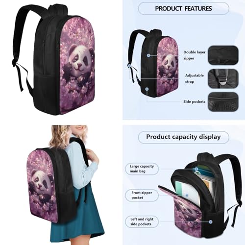 Flashideas Cherry Blossom Panda Backpack for Kids Girls Backpack with Lunch Box Water Bottle 32 oz and Water Bottle Bag 4Pcs Set 17" Elementary Bookbag with Compartments for School Sturdy School Bag - color: Cherry Blossom Panda