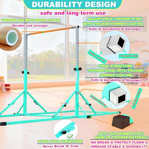 Marfula Gymnastic Bar For Kid and Teenage of 3-25, 5Ft/8 FT Base Length 4Ft Width 5Ft Adjust Height, Gymnastic Kip Bar For Gymnast, Gymnastic Training Equipment For Professional Training Home Club Use - color: Teal(5 Ft Base)