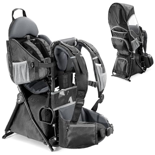besrey Baby Backpack Carrier, Toddler Hiking Backpack with Safety 3-Height Seat, Adjustable Straps&Waist Belt, Foldable Frame Lightweight Large Capacity Child Carrier for Hiking (Shiny Black) - color: Shiny Black