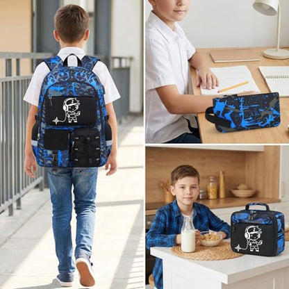 School Backpack for Boys - 3pcs Gamer Boys Backpack with Lunch Box Set for Kids Teens Elementary Middle High School,18″ Large Capacity Students Bookbag with Usb Charging Port - color: People-set