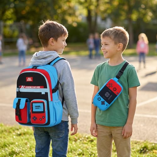 TILYTADLY School Backpack for Boys - 4PCS Gamer Boys Backpack with Lunch Box Set for Elementary Middle School - Students Bag for Ages 6-18,18″ Video Game Bookbag Travel Back Pack - color: Red-blue Backpack Set