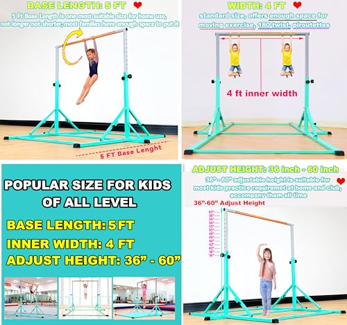 Marfula Gymnastic Bar For Kid and Teenage of 3-25, 5Ft/8 FT Base Length 4Ft Width 5Ft Adjust Height, Gymnastic Kip Bar For Gymnast, Gymnastic Training Equipment For Professional Training Home Club Use - color: Teal(5 Ft Base)