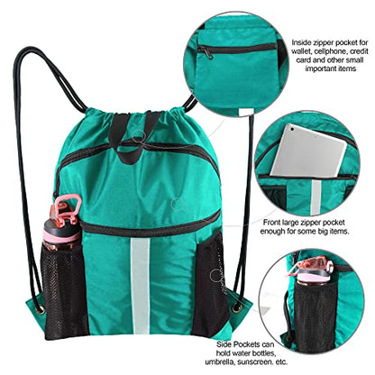 BeeGreen Drawstring Backpack Bag with Shoe Compartment, X-Large Black Gym Sports String Cinch Backpack - color: Teal Blue
