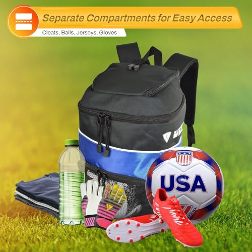 Vizari Soccer Backpack Soccer Bag | Water resistant Durable Equipment Bag for Football, Basketball, Volleyball | Cleats and Ball Compartment - Red,Blue,Black - color: ROYA