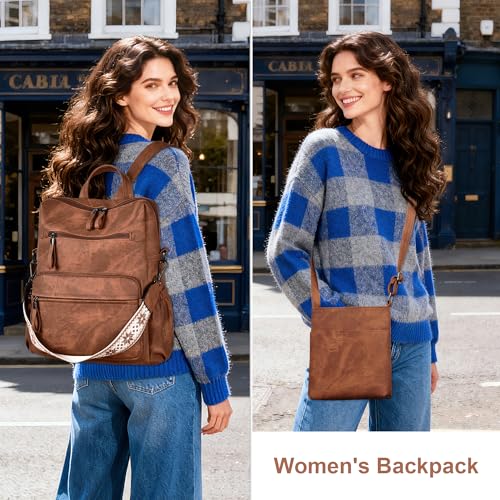 Dora & Liz Backpack Purse for Women, Pu Leather Designer Travel Backpack, Fashion Work Ladies Shoulder Bag Handbag - color: Brown-3