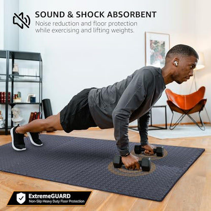 12 Pack, 48 SQFT - 24" x 24" - 1/2" Extra Thick Floor Exercise Mat for Home Gym or Floor Padding - High-Density EVA Interlocking Foam Floor Tiles for Gym Equipment, Play Area | Yoga, Cardio, Weights - size: Black
