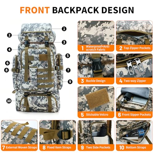 Hiking Backpack Tactical Backpack for Men Women, 80L Military Backpack Rucksack Waterproof Large Travel Camping Backpack for Men, Molle Rucksack Outdoor Travel Cycling Daypack (City Camo) - color: City Camo