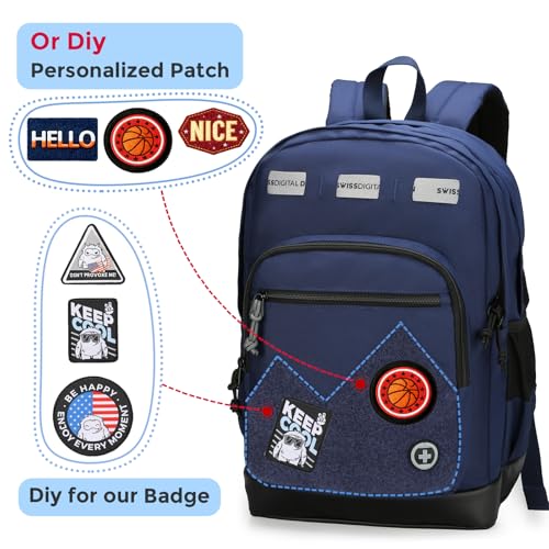 Swissdigital Design Big Student Laptop Backpack with Fun Personalized Patches For College Men & Women, Middle High School Teen Bookbag Cool Travel Daypack Blue -Includes 3 Patches | SD1718-12 - color: Dark Blue