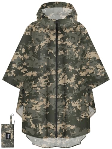 PTEROMY Hooded Rain Poncho for Adult with Pocket and Zipper, Waterproof Lightweight Raincoat for Men and Women - color: Green Digi Camo