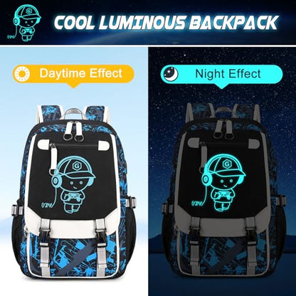 Bevalsa Backpack for Boys, Cool Luminous Boys Backpack with Sling Bag, Lunch Box & Pen Case, School Bags for Kids Children Teens Elementary Middle Schools, Bookbag Glow In The Dark (Blue) - color: Blue