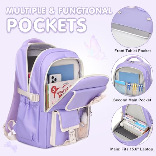 GeeWin Girls Backpack for School with Lunch Box & Pencil Case Set, 17 Inch Waterproof Cute Bow Girls Bookbag for Kids, Teens, Elementary Middle High College School Student (Purple/Beige) - color: Purple Beige