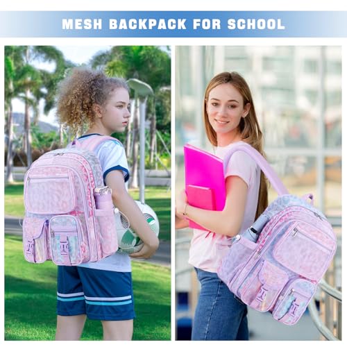 MOONBABY Mesh Backpack Heavy Duty See Through Net Bookbag Semi-Transparent Net Back Pack for Beach, Swimming, Sports, Work, Travel (Purple Leopard) - color: Purple Leopard