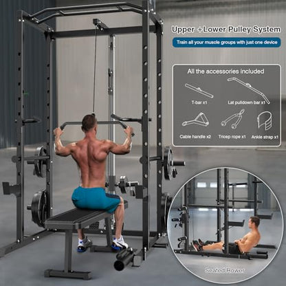 ULTRA FUEGO Power Cage, Multi-Functional Power Rack with J-Hooks, Dip Handles, Landmine Attachment and Optional Cable Pulley System for Home Gym - size: 240LB Weights Package black+Flat Bench