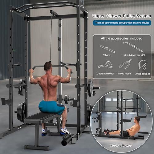ULTRA FUEGO Power Cage, Multi-Functional Power Rack with J-Hooks, Dip Handles, Landmine Attachment and Optional Cable Pulley System for Home Gym - size: Power Cage Black With Pulley System and Flat Bench