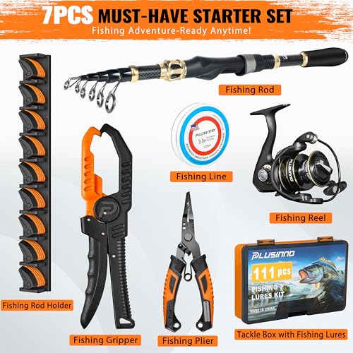 PLUSINNO Fishing Gear,Full Fishing Pole kit Include Fishing Rod and Reel Combo, Tackle Box with Fishing Lures, Fishing Accessories, Fishing Pliers,Fishing Gifts for Men with Fishing Tool Kit - style: Orange Fishing Combo With Fishing Net