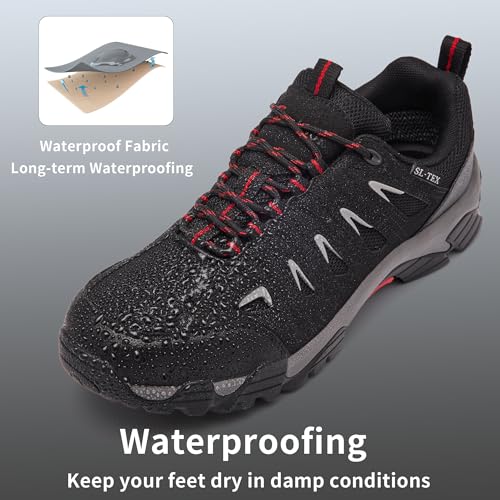 SHULOOK Men's Waterproof Hiking Shoes Lightweight Anti Slip Outdoor Ankle Boots Breathable Hike Trekking Trails Shoe - color: Black/Red, size: 11.5