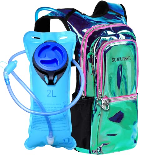 Sojourner Hydration Pack, Hydration Backpack - Water Backpack with 2l Hydration Bladder, Festival Essential - Rave Hydration Pack Hydropack Hydro for Hiking, Running, Biking, Festival Gear - color: Laser Holographic - Purple