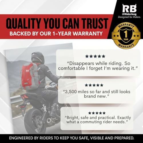 riderbag Reflective Motorcycle Backpack, Hi Viz Commuter Riding Bag | Designed by Riders for Everyday Rides with Laptop Compartment and Helmet Net. Built to Help You Be Seen. - color: Red